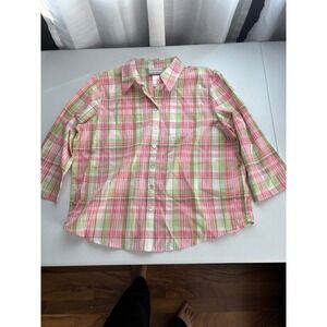 Alfred Dunner Plaid Button Down Shirt 3/4 Sleeve Pink Green Cotton PM